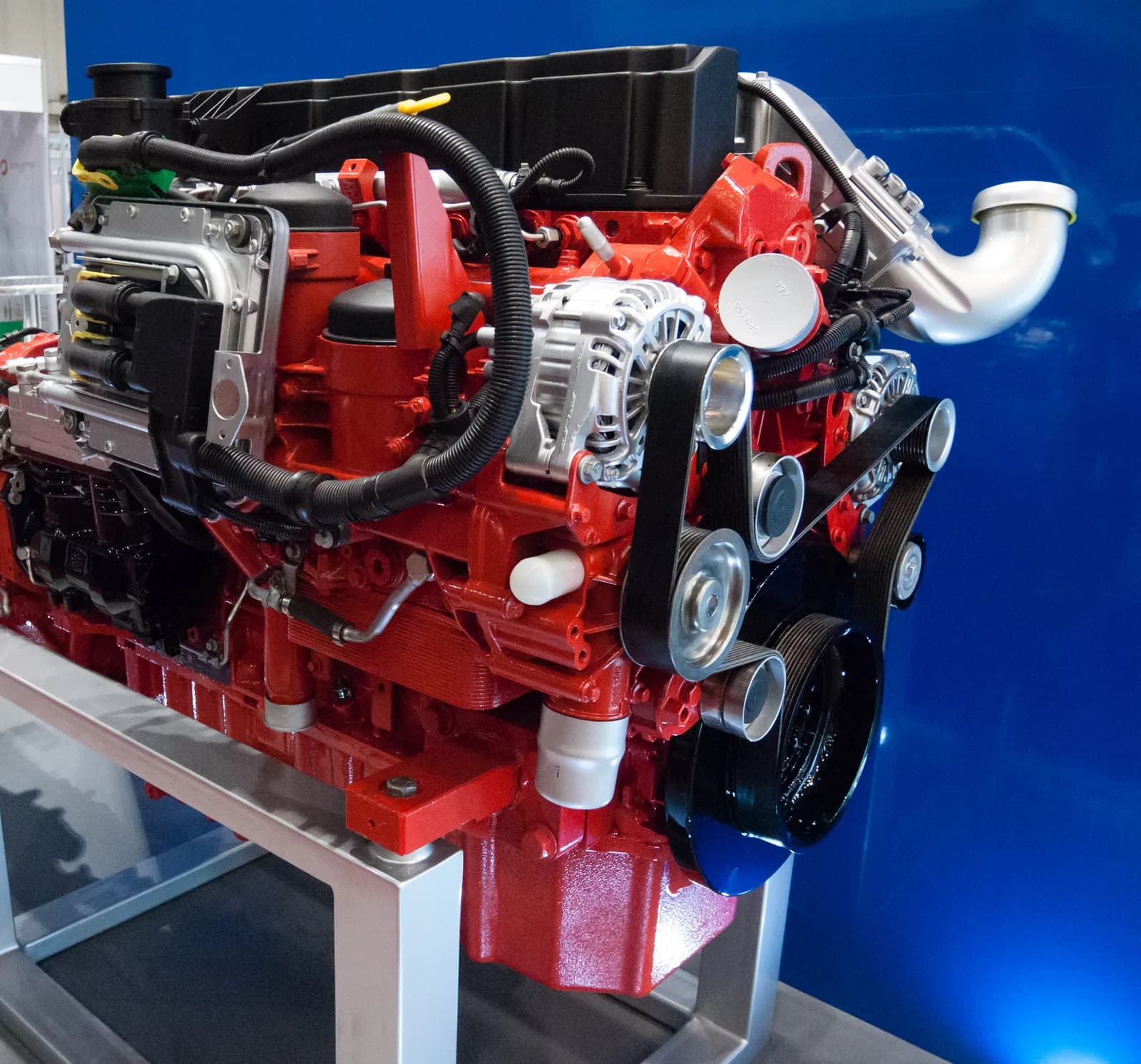 Deutz TCD six-cylinder industrial diesel engine on a display stand