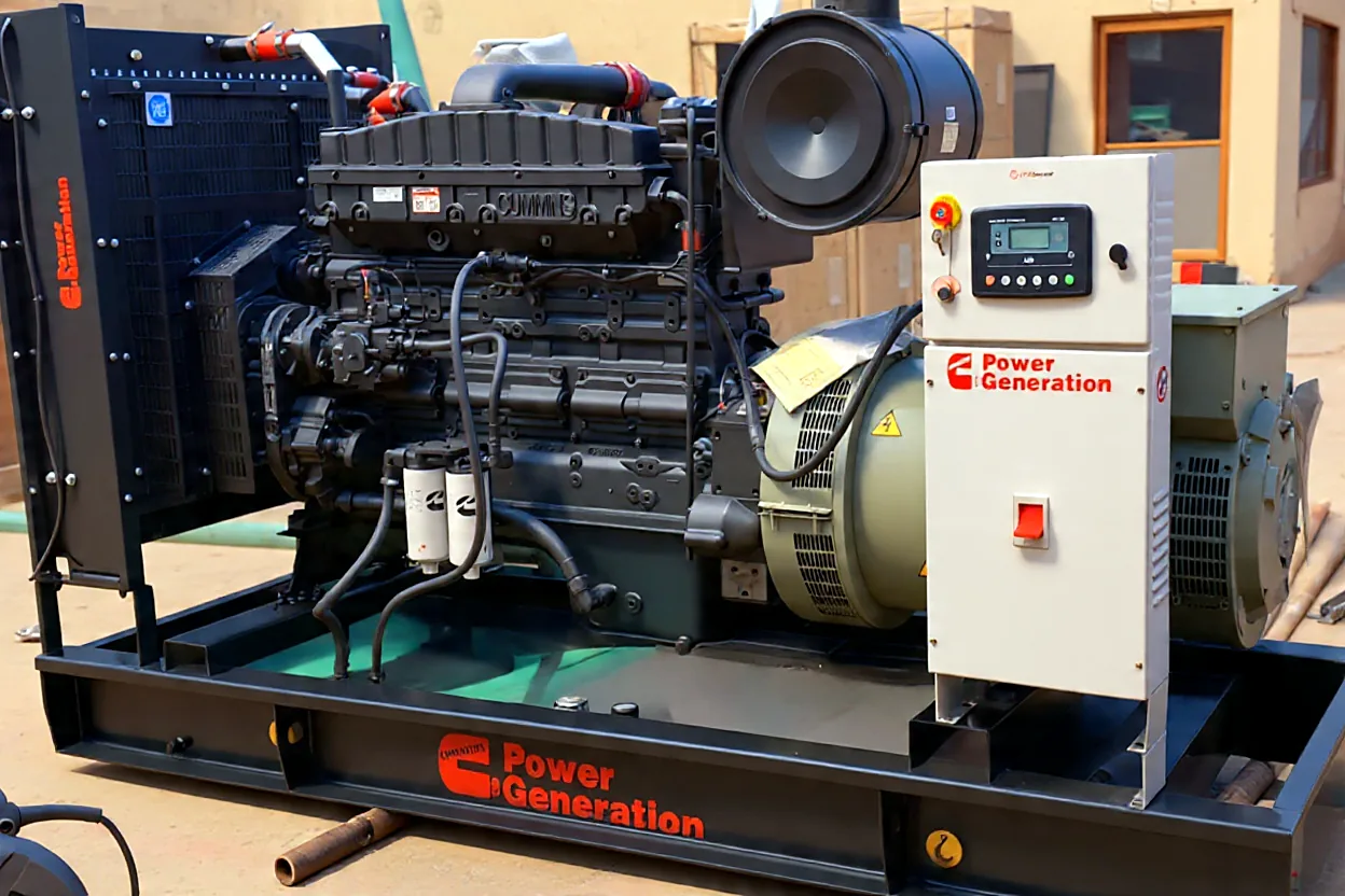 Cummins 350 kVA open generator set with radiator, engine, alternator and Power Generation control panel