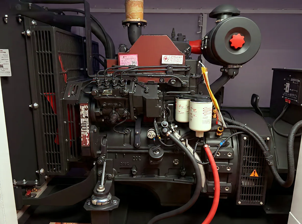 Cummins 4BTA3.9-G2 engine of the 60 kVA generator, showing the injection pump, fuel filters and air cleaner
