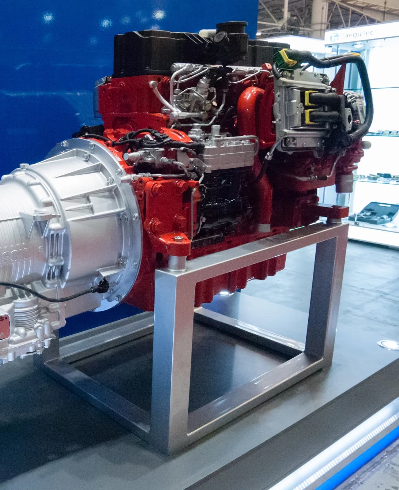 Deutz TCD six-cylinder industrial diesel engine on a display stand