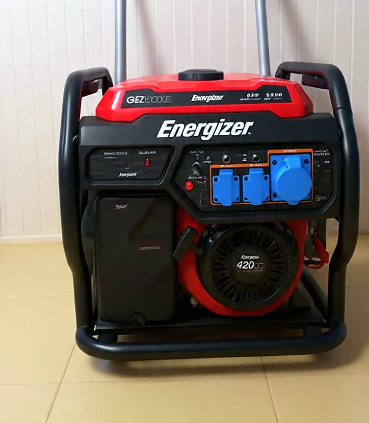 Energizer GEZ10000E petrol generator from the front, showing the control panel, three blue outlet sockets and the 420 cc engine