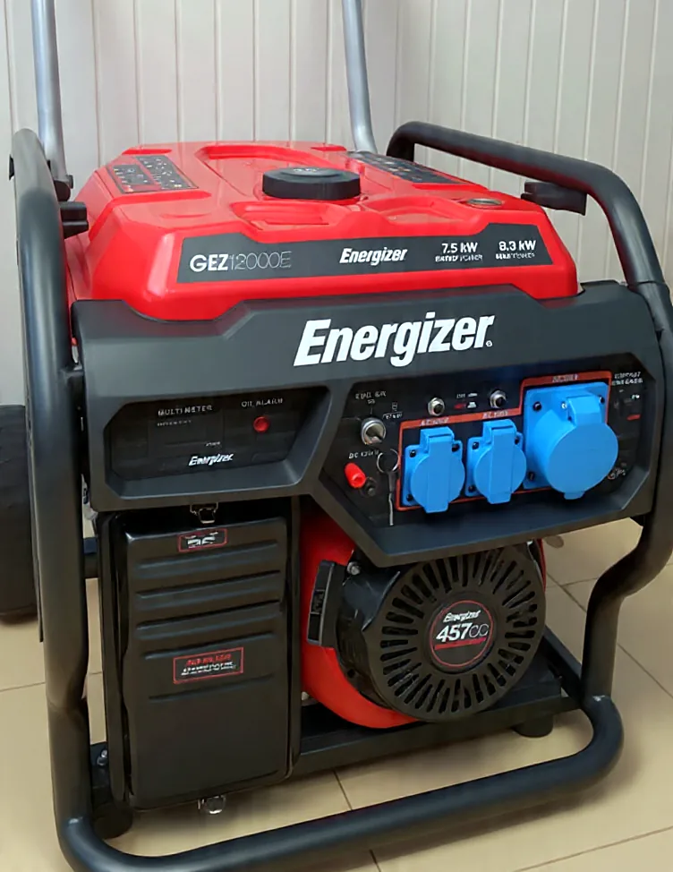 Energizer GEZ12000E petrol generator from the front, showing the multimeter, oil alarm, three blue outlet sockets and the 457 cc engine