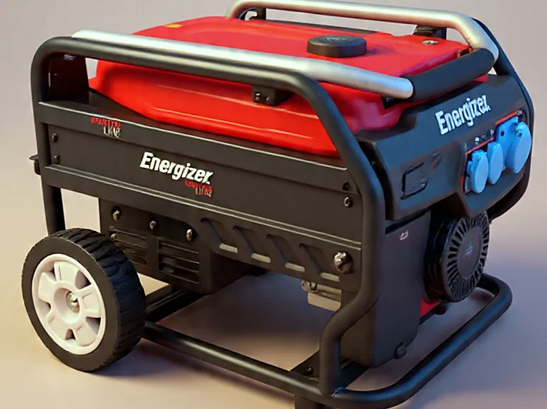 Energizer GEZ petrol generator with red fuel tank, black frame, wheel kit and blue outlet sockets