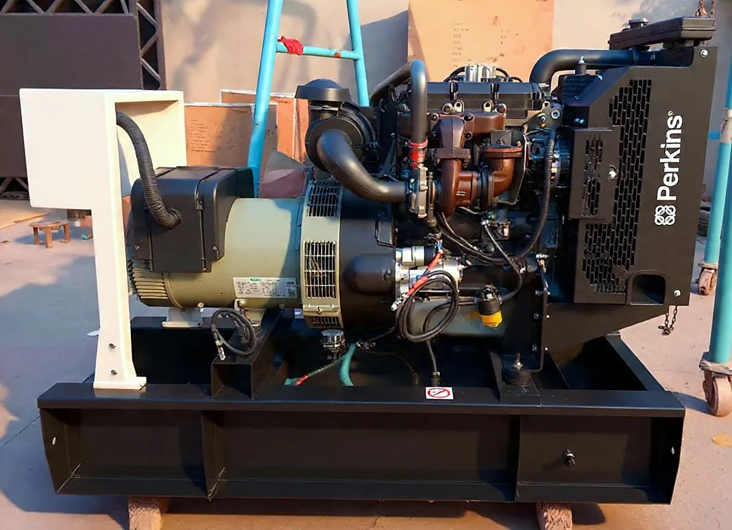 Perkins 60 kVA open generator set seen from the side, with turbocharged 1103A engine, alternator and radiator