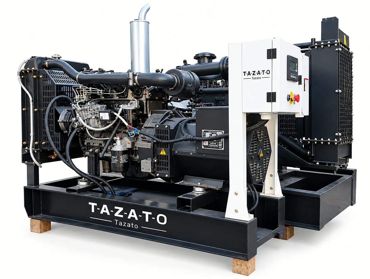 Tazato 30 kVA open generator set with white control panel cabinet, four-cylinder engine, silencer and radiator on a black Tazato base frame