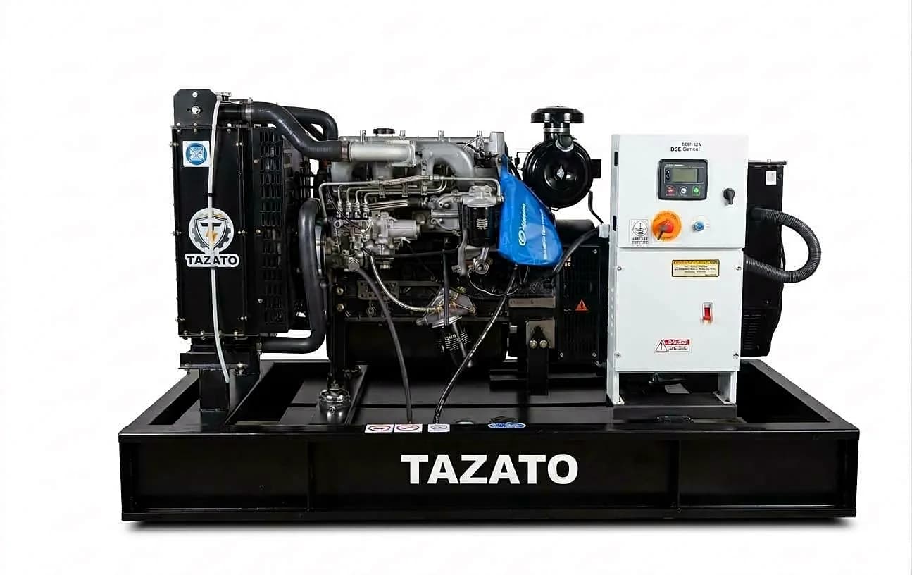Tazato 60 kVA open generator set from the front, with radiator, four-cylinder engine, white control panel and alternator on a black Tazato base