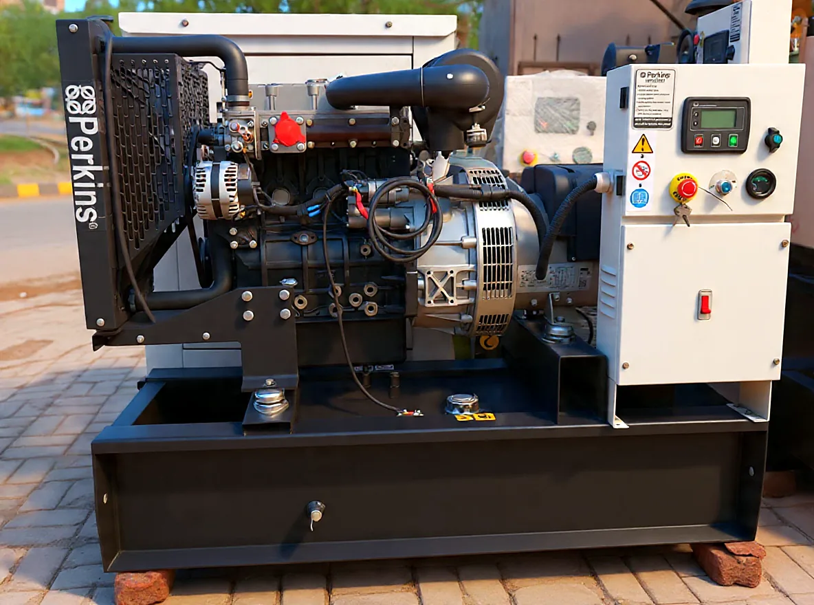 Perkins 20 kVA open generator set seen from the side, with radiator, 404A-22G engine, alternator and control panel