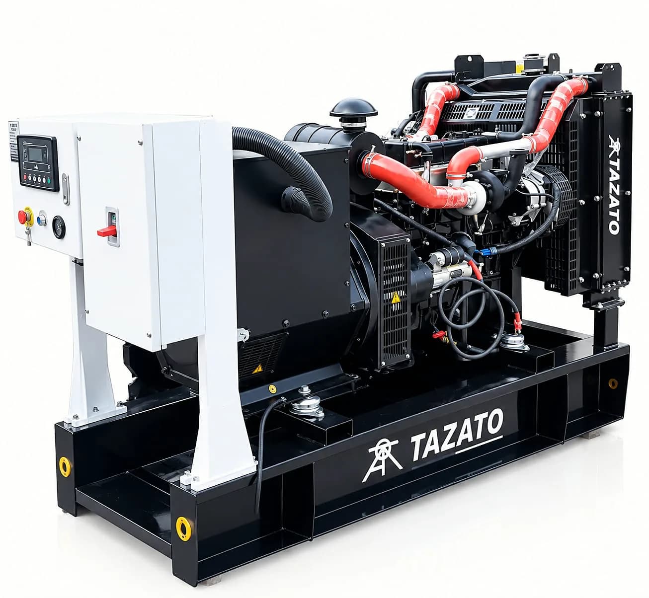 Tazato 100 kVA open generator set from the control panel corner, with white panel cabinet, alternator, turbocharged engine and radiator on a black base frame
